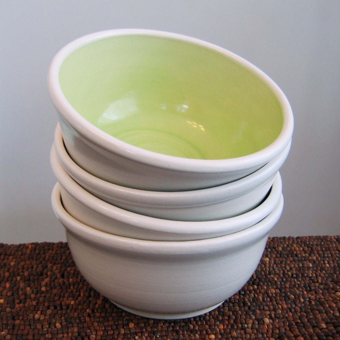 Pottery Soup Bowls or Cereal Bowls in Lime Green Set of 4