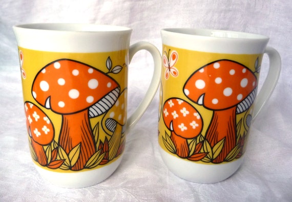 pom trim orange pom Orange Coffee Pair  Butterflies Mugs Mushroom Fun White Yellow