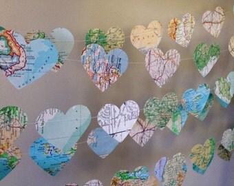 10ft Vintage Atlas Heart Garland - home decor, wedding, party decoration, travel garland, high tea