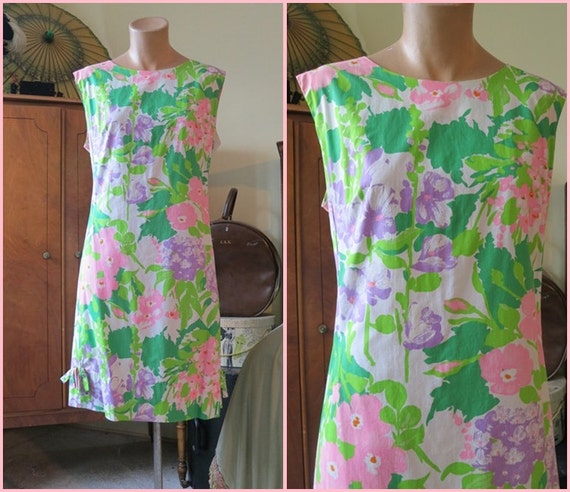 Summery Judy Bond Pink and Lavender Floral Shift Dress 1960s