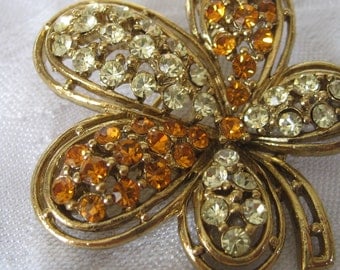VINTAGE Orange & Yellow Rhinestone Gold Metal Flower Costume Jewelry Brooch
