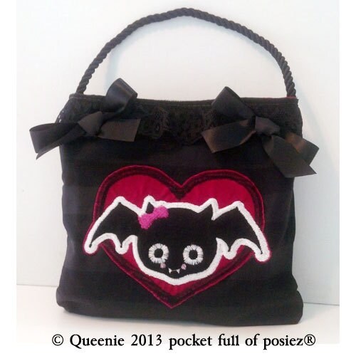 Small TOTE BAG Cute Bat Love with Red Bow Pocket full of