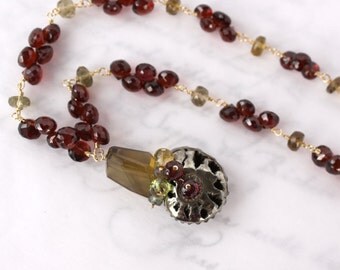 OOAK Pyritized Ammonite Druzy Fossil Shell Necklace with Garnets and Whiskey Quartz in Gold - SALE 50% Off