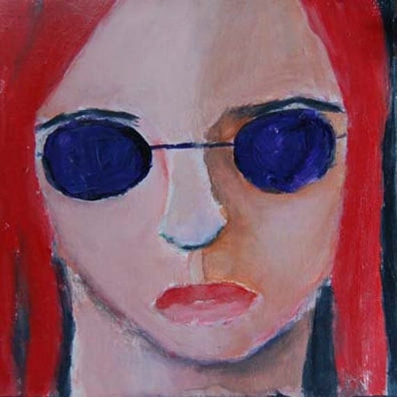Acrylic Portrait Painting Too Cool For School Girl, Face, Purple Sunglasses, Orange Red Hair 6x6 canvas board