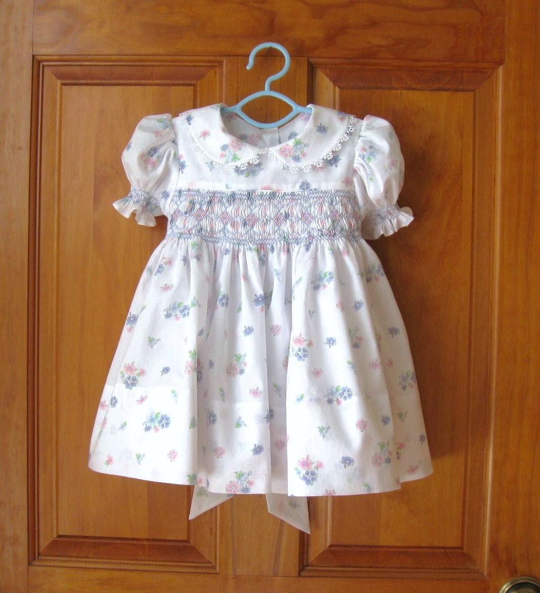 Hand smocked dress baby girl toddler pink and blue flowers