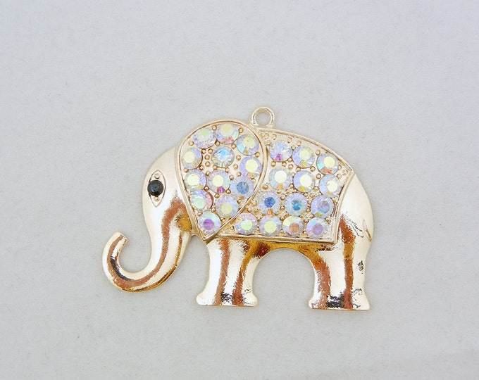 Gold-tone Elephant Charm Pendant Aurora Borealis Rhinestones