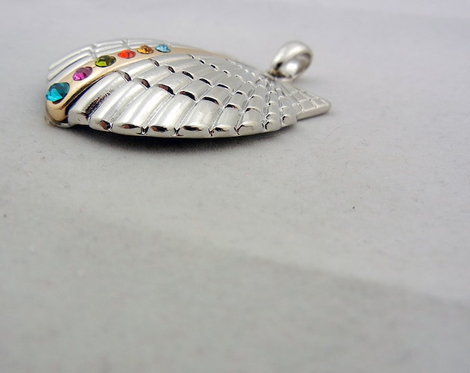 Two-tone, Silver-tone Seashell Pendant with Gold-tone Center Multi Colored Rhinestones