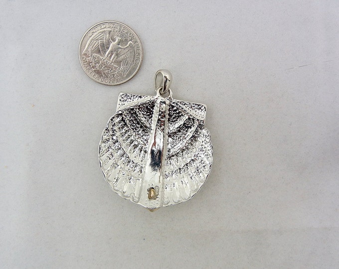 Two-tone, Silver-tone Seashell Pendant with Gold-tone Center Multi Colored Rhinestones