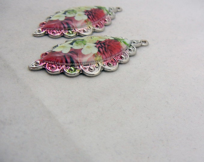 Pair of Silver-tone Flower Print Drop Charms Marquis Shape