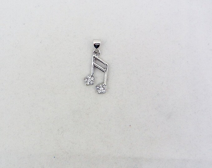 Small Silver-tone Rhinestone Musical Note Charm with Floral Theme Pendant