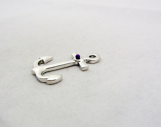 Silver-tone Nautical Anchor Pendant Tiny Purple Bead Heart Accent