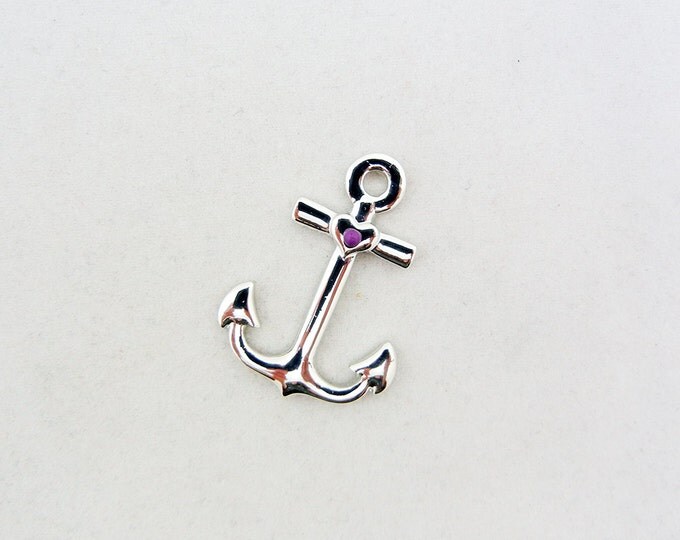 Silver-tone Nautical Anchor Pendant Tiny Purple Bead Heart Accent