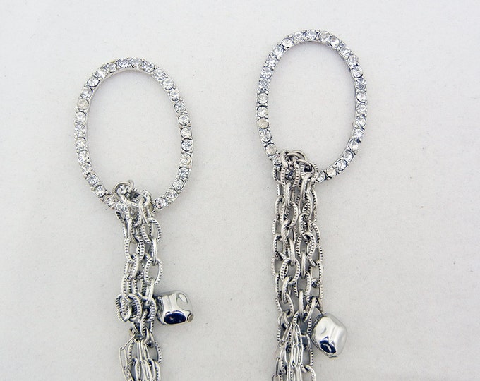 Pair of Rhinestone Ovals with Chains Drop Charms Antique Silver-tone