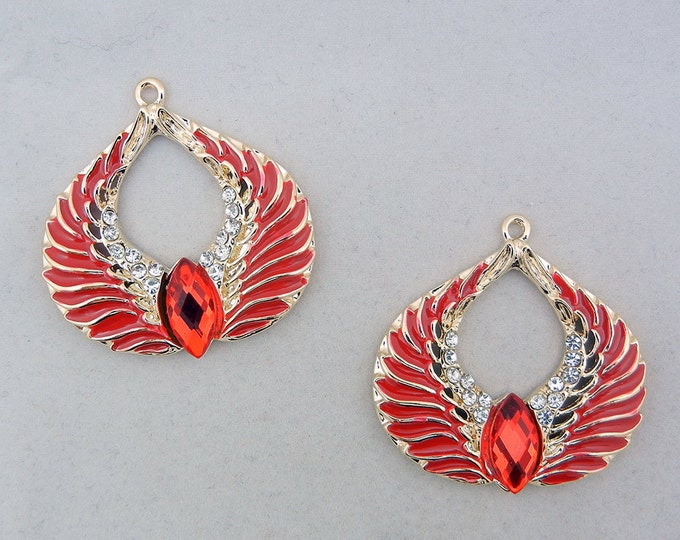 Pair of Double Wing Charms Red Epoxy Gold-tone Rhinestones