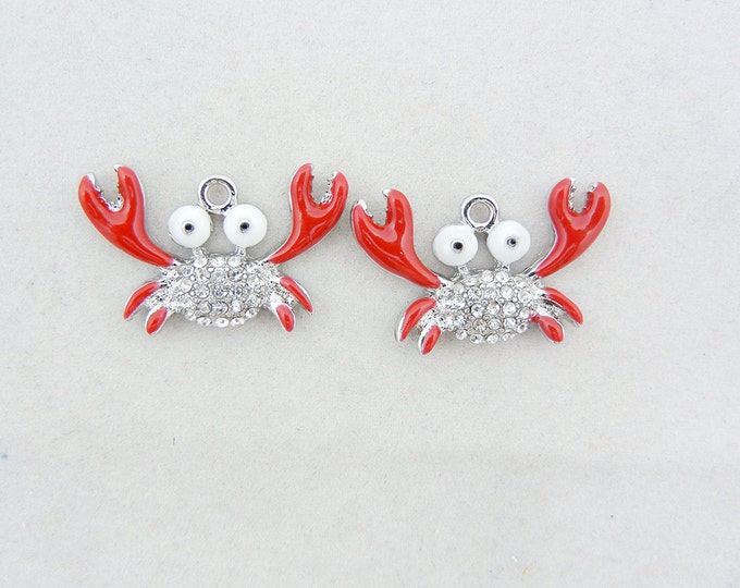 Pair of Small Crab Charms Epoxy and Rhinestones