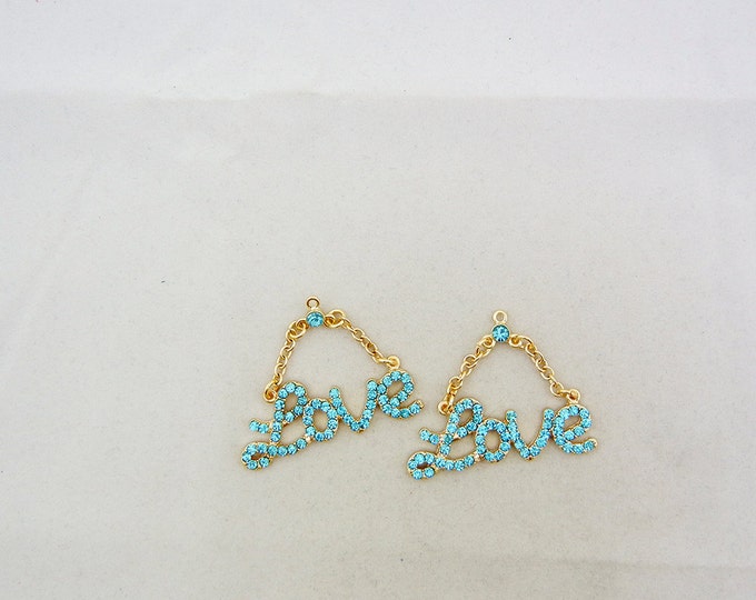 Pair of Turquoise Blue Rhinestone Love Charms Gold-tone Double Link Chain