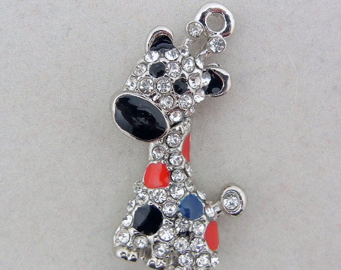 Fun Silver-tone Giraffe Charm Pendant Red and Black Epoxy Rhinestones