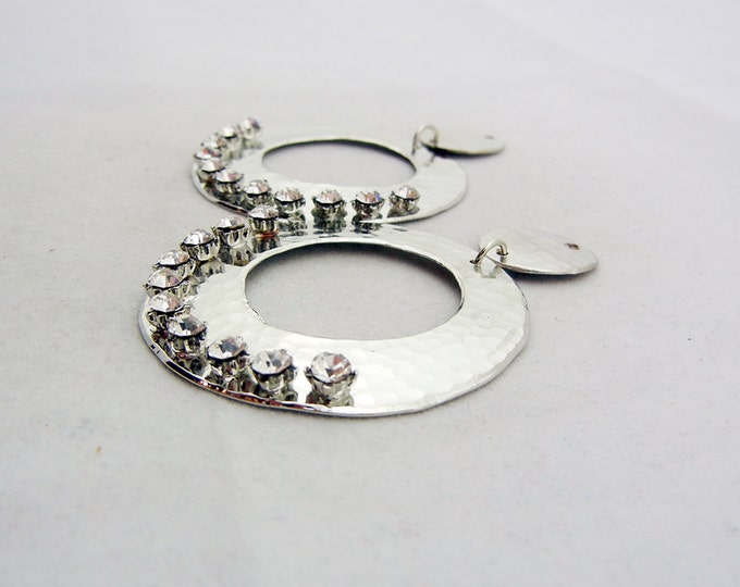 Pair of Round Hammered Silver-tone Drop Charms Rhinestones