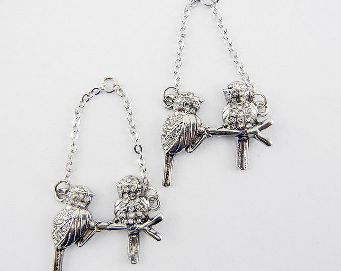 Pair of Silver-tone Birds on a Branch Drop Charms Rhinestone