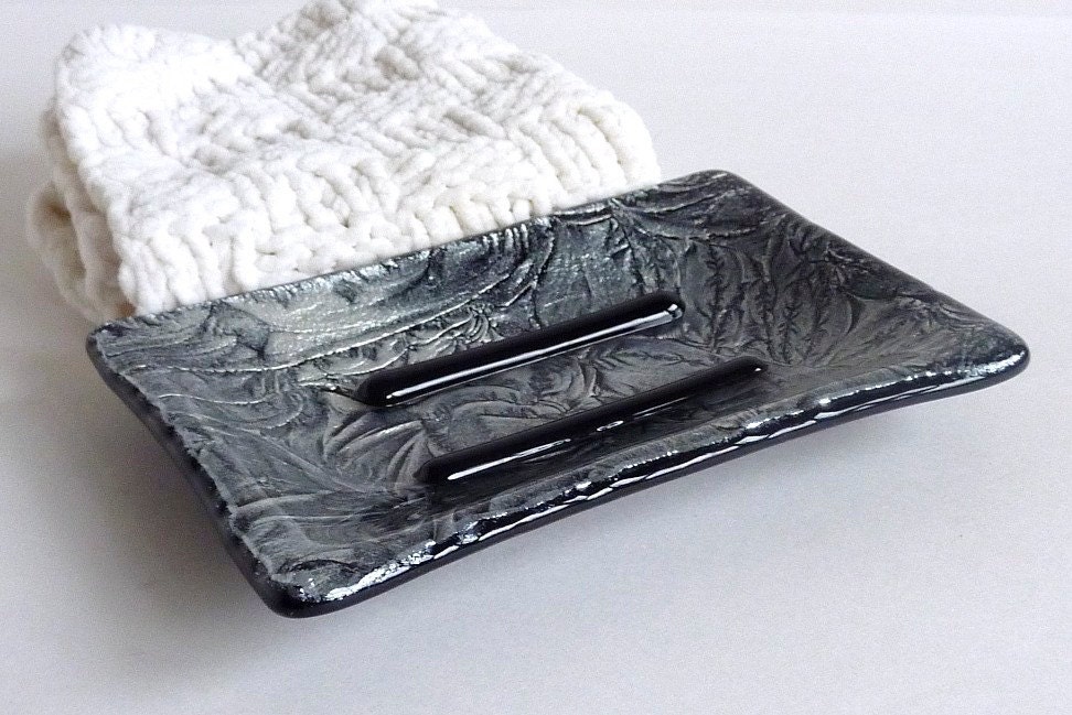 Soap Dish in Black and Silver Fused Glass by BPRDesigns on Etsy