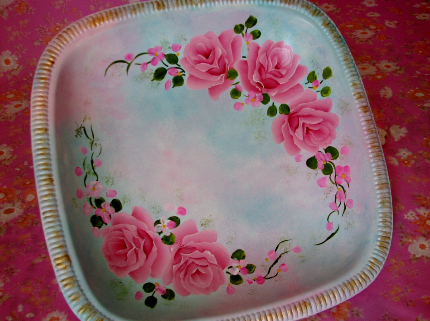 Vanity Tray Cottage Chic Hand Painted Pink Roses by pinkrose1611
