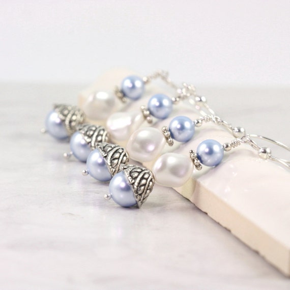 White Pearl Earrings Baby Blue Jewelry Winter Wedding Blue