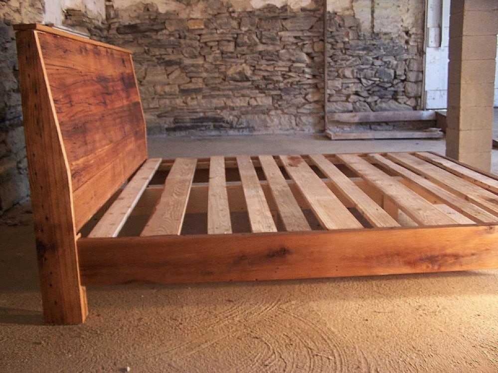 Modern Style Bed Frame With Slanted Headboard From Reclaimed