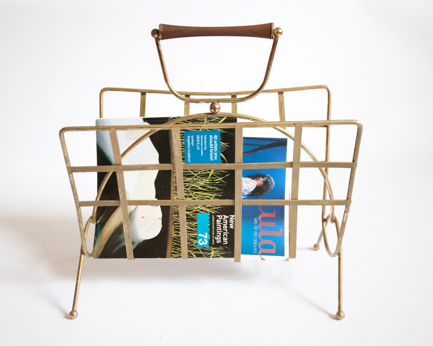 Midcentury Gold Tone Metal Magazine Rack With Wood Handle