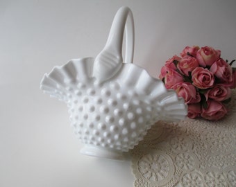 Vintage Fenton Milk Glass Hobnail Basket - Cottage Style