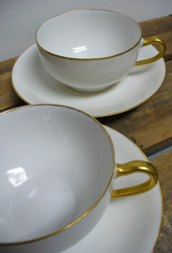 2 Theodore Haviland Limoges White with Gold Trim Cups and