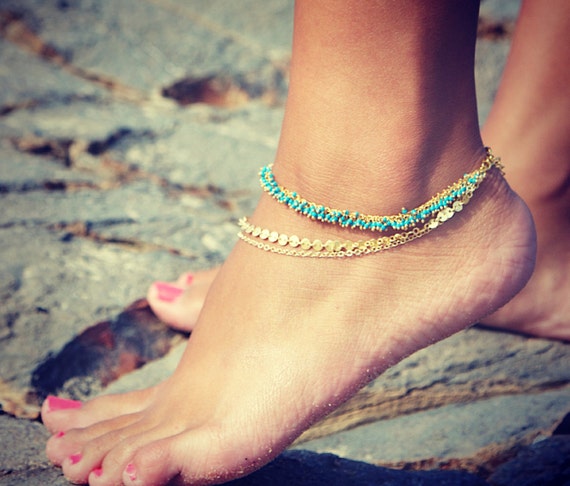 LOVMELY ANKLET- triple chain Turquoise or Coral anklet