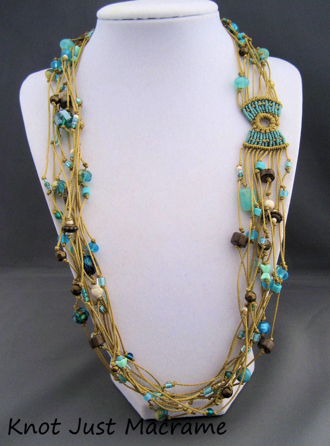 Beachy Multi Strand Beaded Macrame Necklace Knotted