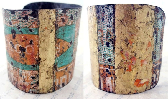 Understanding. Recycled Rustic Tea Tin Cuff Bracelet with Gold Leaf.
