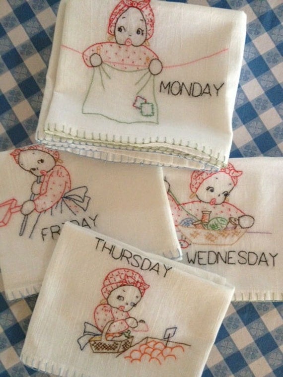 Days of the Week Embroidered Kitchen Towels Vintage Design