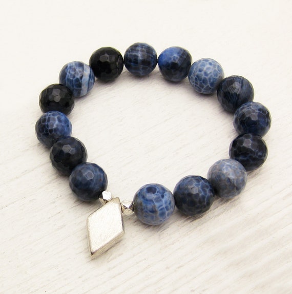 Blue Denim Agate Bead Bracelet with Diamond Brushed Sterling