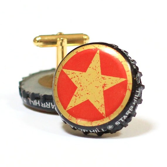 Red & Gold Star Beer Bottle Cap Cufflinks Cuff Links