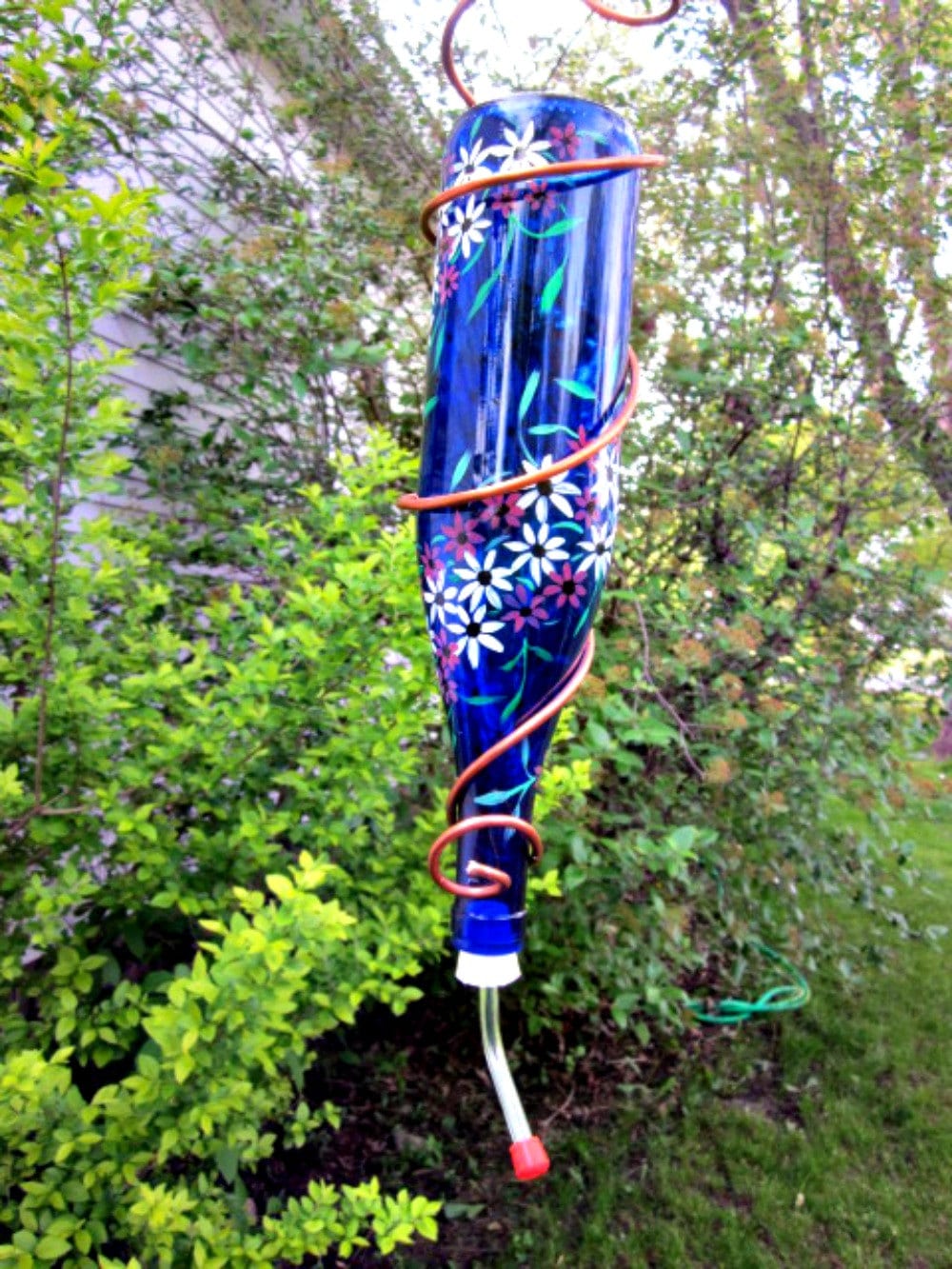 Wine Bottle Hummingbird Feeder Blue Bottle Hand Painted White