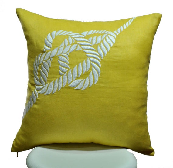 Rope Pillow Cover Yellow Linen White Rope embroidery by KainKain
