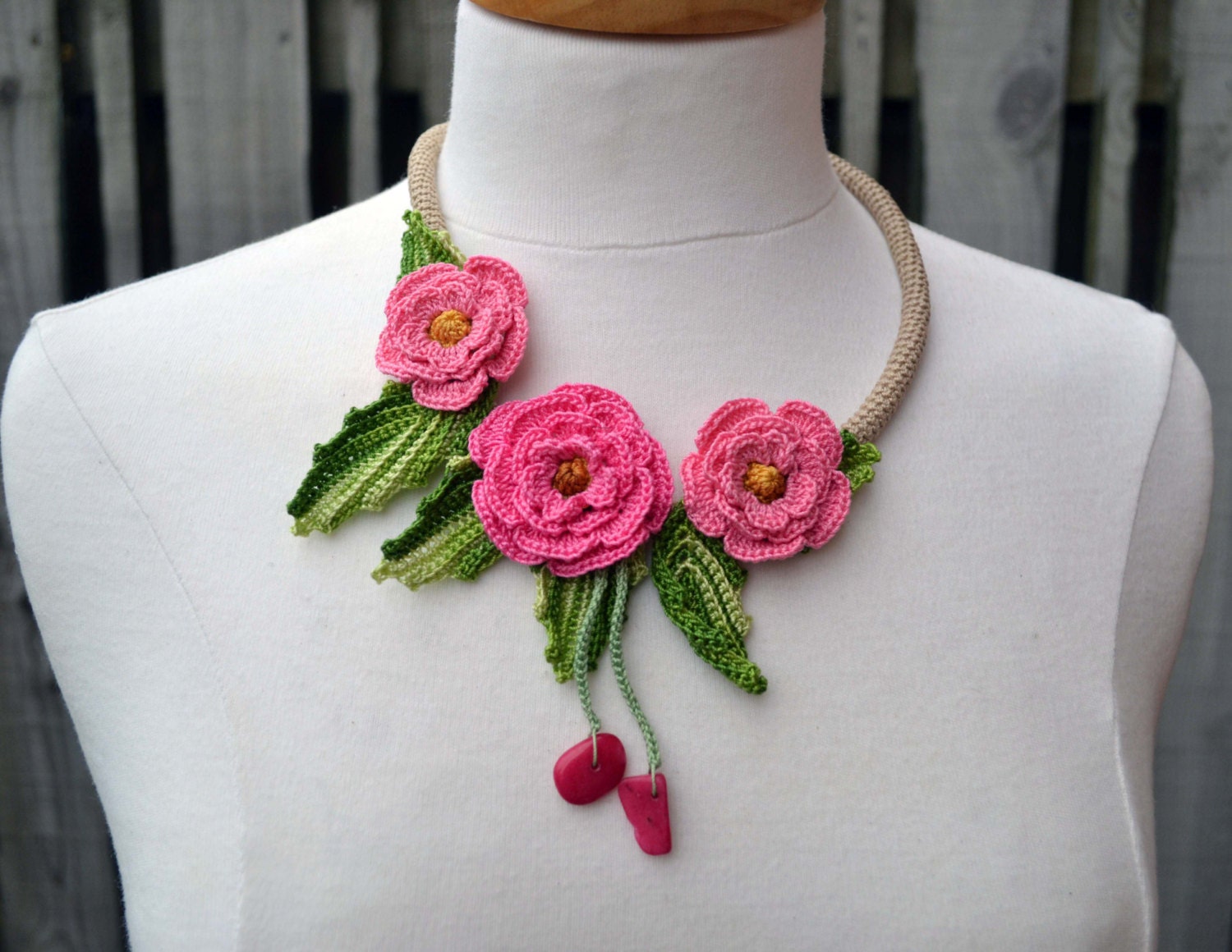 Pink crochet necklace choker flower floral 3d by FlowersbyIrene