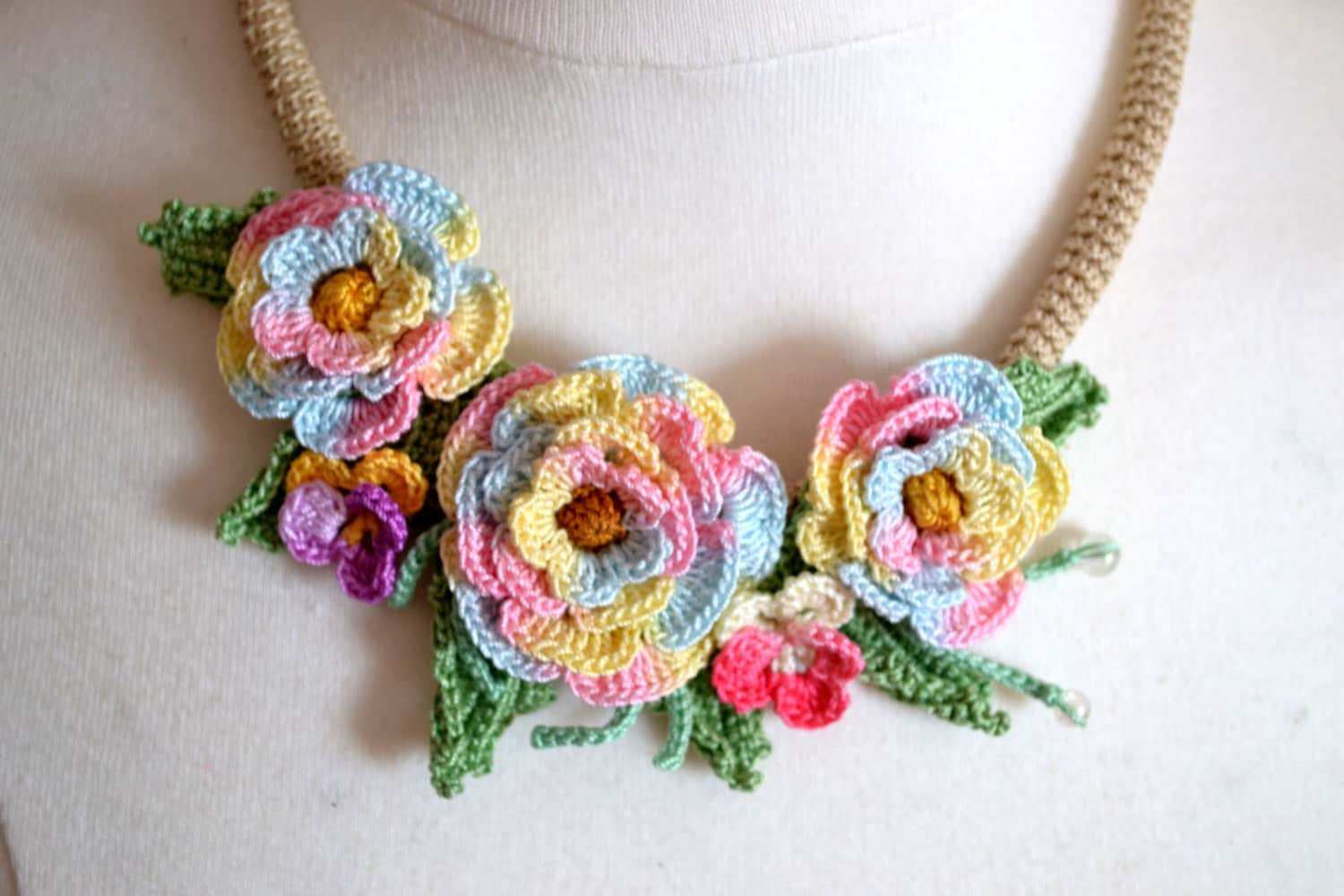 Download Crochet necklace choker flower floral 3d roses pansies cotton