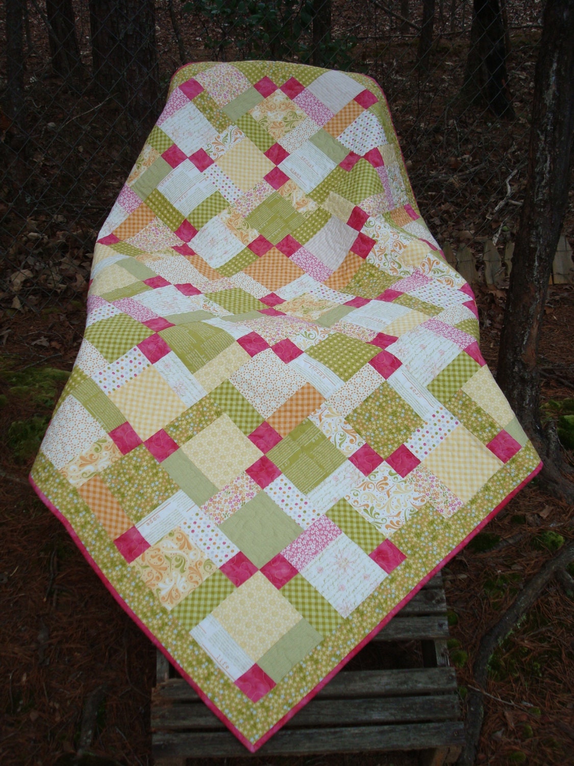 Green Yellow Pink Baby Quilt Lap Quilt