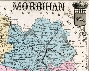 Antique Map of Morbihan , France - 1883 Illustrated Map - Handcolored - Vintage Map - Home Decor