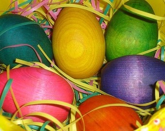 Rainbow Wooden Easter Eggs and Easter Basket - Set of Six Wooden Easter Eggs