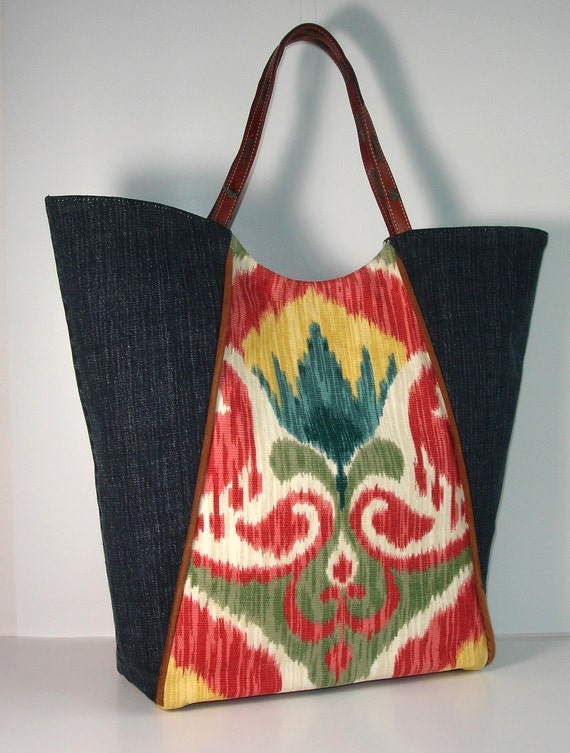 boho Ikat and blue jean upcycled Tote Bag