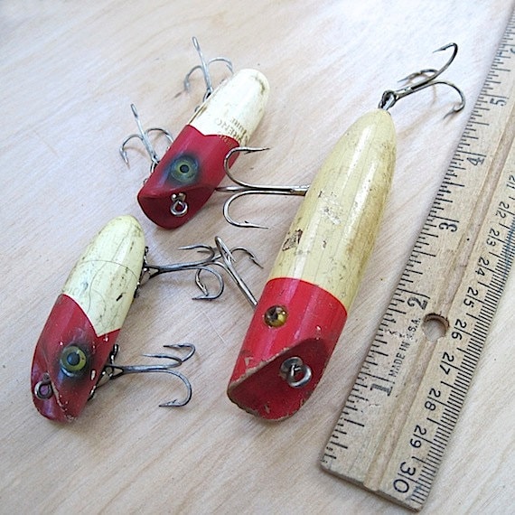Antique RedHead Wooden Fishing Lures 1930s Vintage Red and