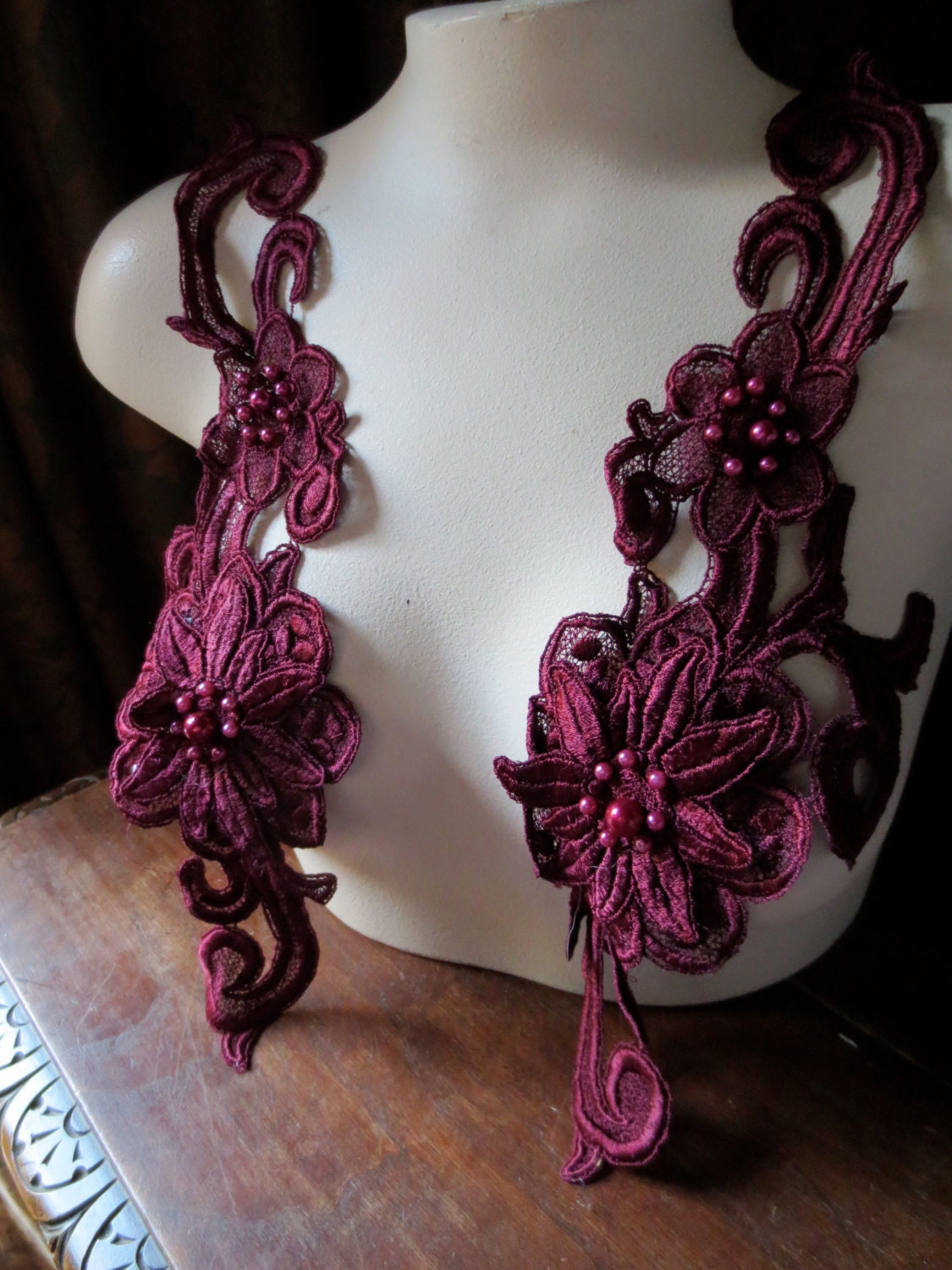 BURGUNDY Beaded Lace Applique Pair for Lyrical Dance