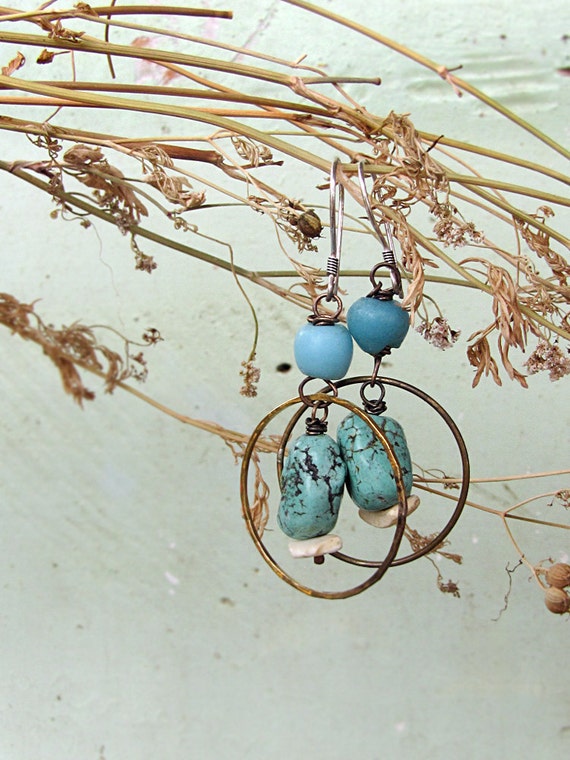 southwstern boho hoops - antique glass - turquoise howlite - rustic romantic