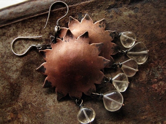 Nebra - Tribal Metal Earrings - Bohemian Copper Sun Disc - Citrine Crystal - Kim Craftsmen findings