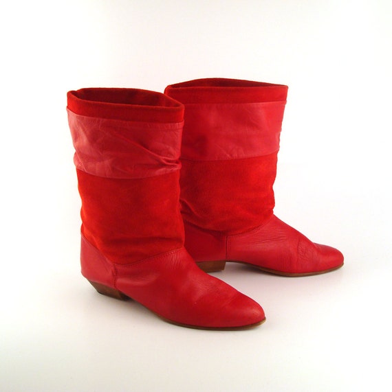 Red Leather Boots Vintage 1980s Flat Slouch Short Women's