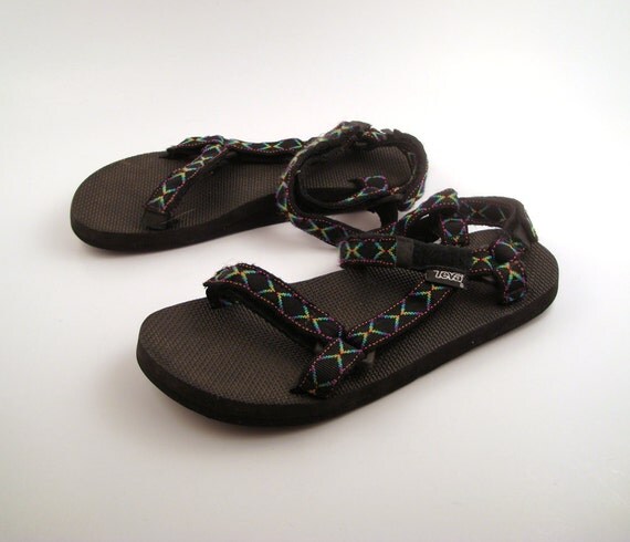 1990s Teva Sandals Vintage Black And Neon Thongs